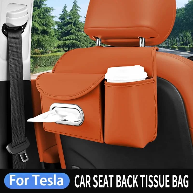 For Tesla Model 3 Y Y-L PU-Leather Seat-Back Multifunctional Tissue Box Cup Holder Car Interior Storage Organizer Accessories