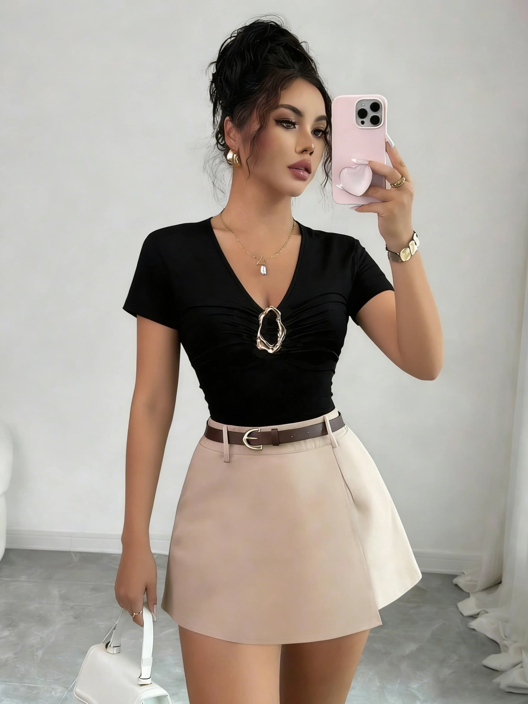 Ladies Elegant Decorative Button T-Shirt Shorts Set Fashionable Casual Outfit Women's Clothing Combo