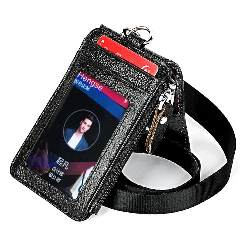 Porta targhetta per nome da lavoro aziendale in vera pelle ID personale Copertina per carta di credito Porta carte RFID Borsa con cerniera per badge con cordino