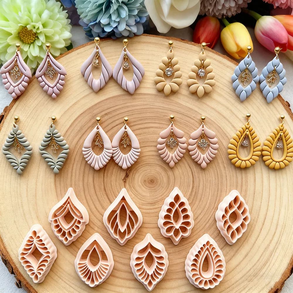 Art Scalloped Teardrop Deco Polymer Clay Cutters Elegant Diamond Hollowed Embossing Earring Jewelry Pottery Clay Making Tools