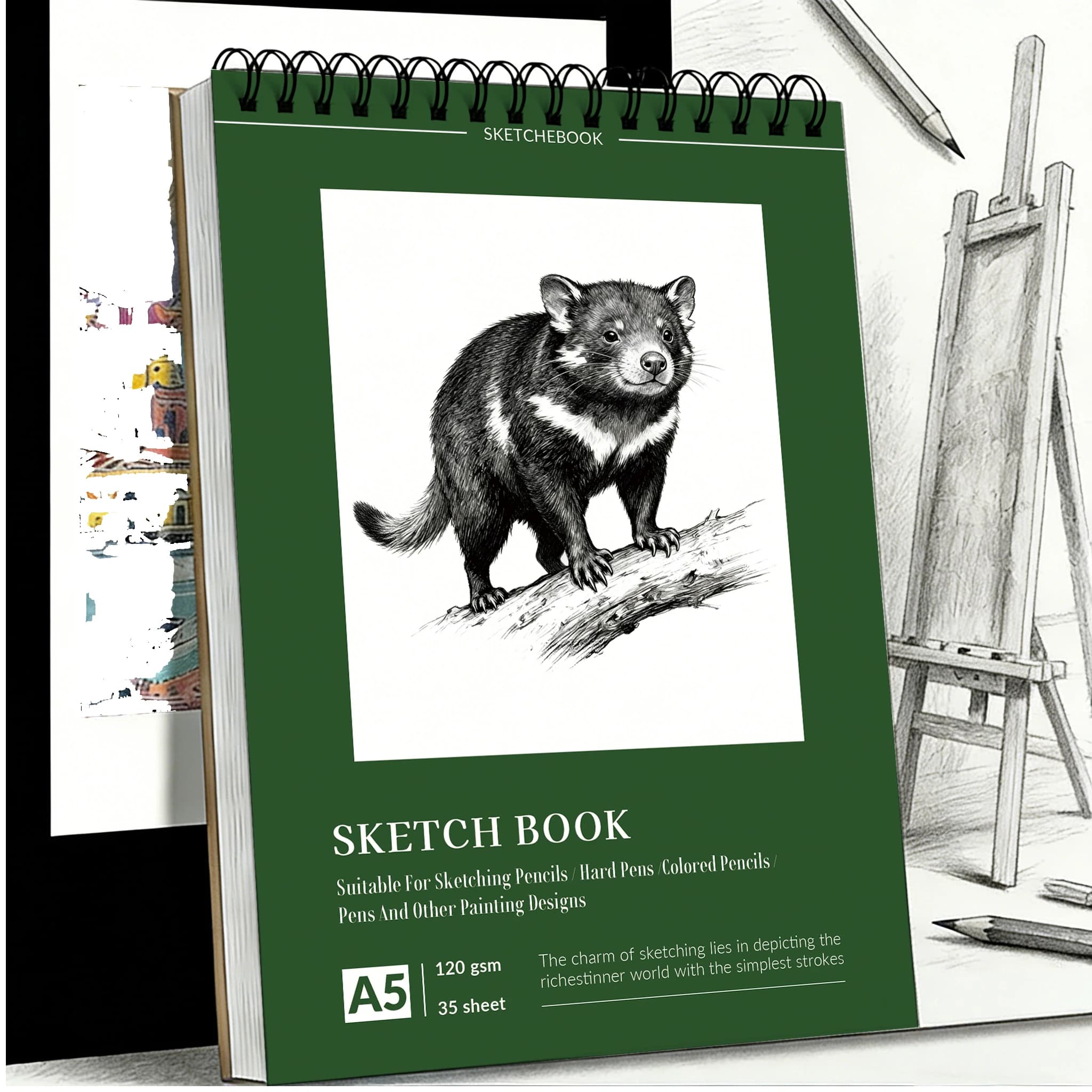 A5 Spiral-Bound Art Sketchbook, Tasmanian Devil Cover Drawing Pad, 35 Sheets (120gsm) Acid-Free Paper, Ideal for Pencil, Charcoa