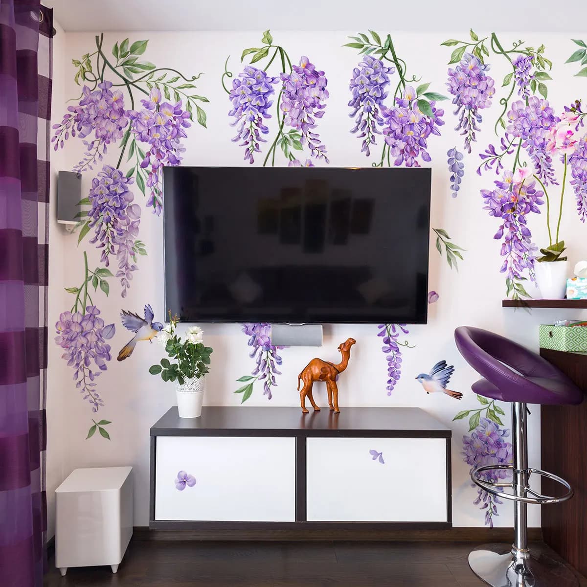Adesivi murali fiore viola vite per soggiorno Decorazione della parete camera da letto Decorazione della stanza della ragazza Carta da parati per decalcomanie da muro per bambini