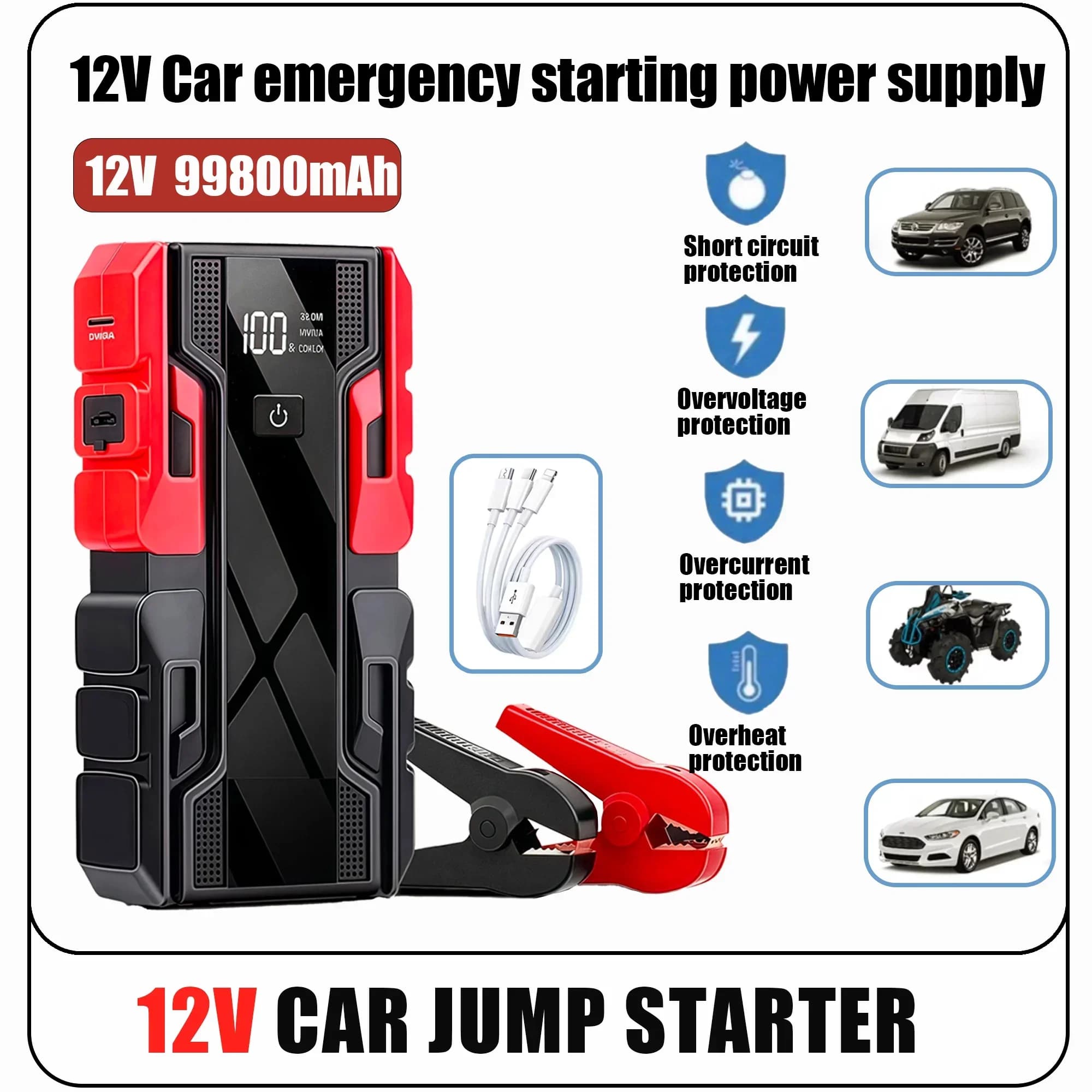 New 12V 99800mAh Car Jump Starter ,Portable Emergency Power Bank Battery Booster with LED Light, USB, for SUV Van Motorcycle ATV
