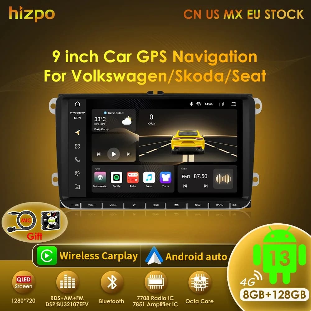 Hizpo Lettore Multimediale Per Auto 2din Android 13 Radio Per VW Volkswagen Golf Polo Skoda Rapid Octavia Passat b6 7 Tiguan Carplay GPS