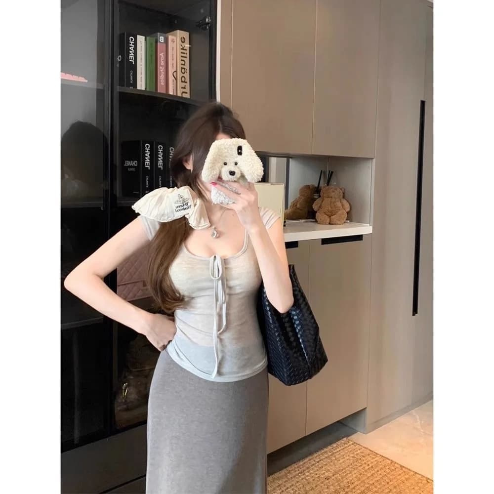Korean Style Knot Short Sleeve T-Shirt Women's Summer Thin High Elegant Top Breathable round Neck Pullover Tee