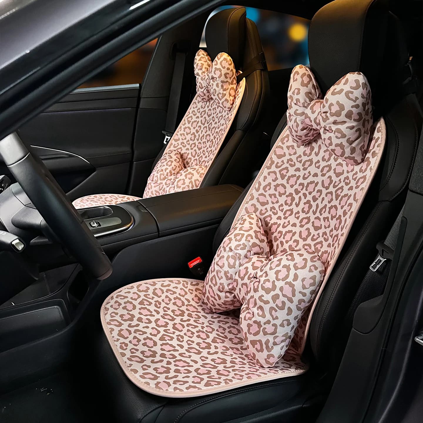 Exquisite and Personalized Leopard Print Single-Seat Car Front Seat Cushion, Breathable and Non-Slip, Suitable for All Seasons; Leopard Print Bowknot Car Headrest and Lumbar Support Two-Piece Set, Adjustable Car Decorative Pillow, Women's Car Interior Decoration Accessories