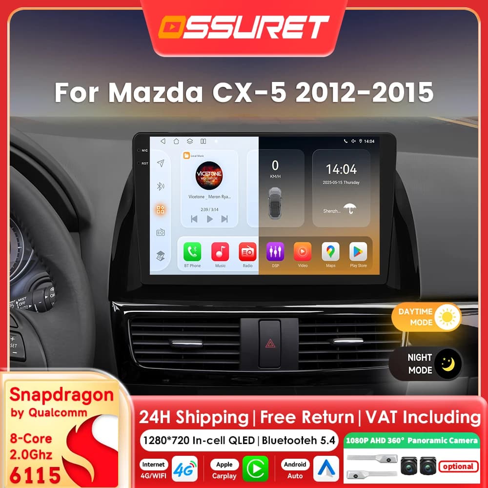Autoradio Android 14 con Snapdragon per Mazda CX5 CX-5 2012-2015, lettore multimediale 6115, telecamera 360, Carplay, Android Auto