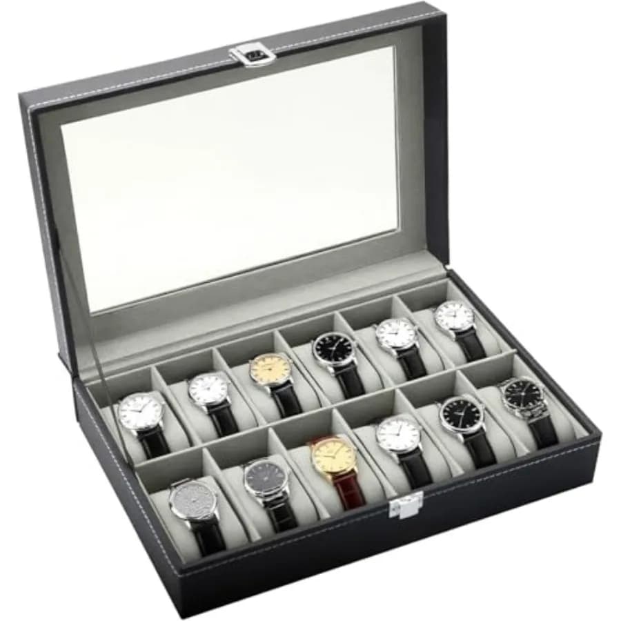 Scatola Porta Orologi con Scomparti, Custodia per Orologi in Pelle PU Migliorata con Coperchio in Vetro, Espositore per Orologi con Cuscini Rimovibili, Contenitore per Orologi