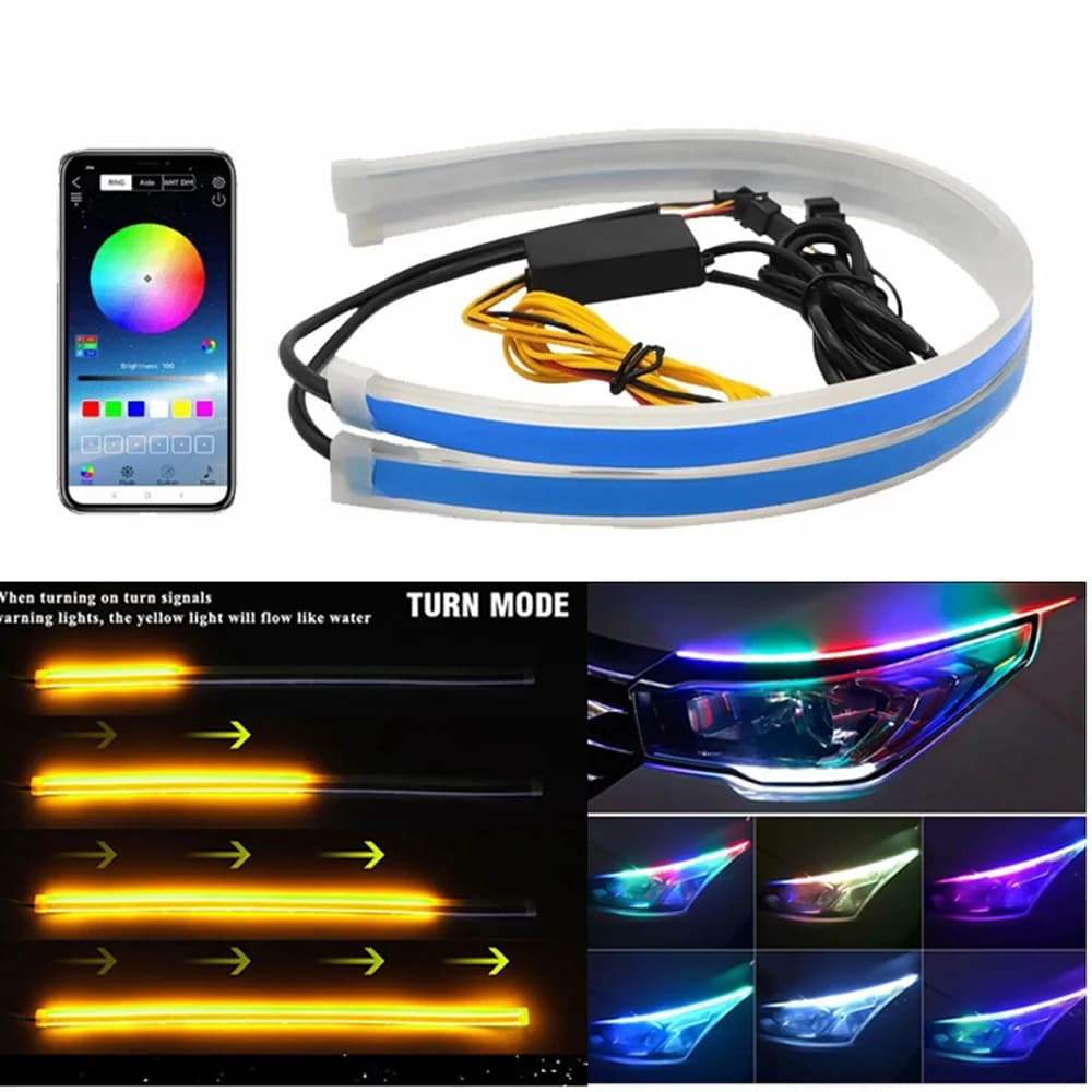 2 pz 12 V RGB Auto Led Luci di Striscia Che Scorre Indicatore di Direzione Lampada App di Controllo Flessibile Striscia Decorativa Impermeabile DRL Lampada da Corsa diurna