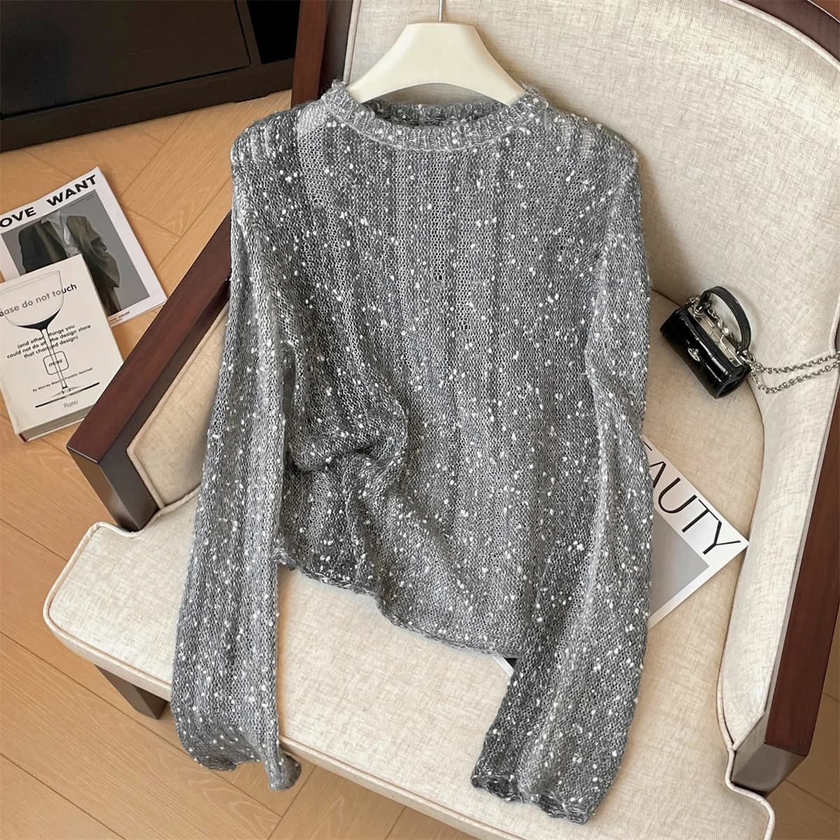Maglione da Donna in Maglia Trasparente con Paillettes Dorate, Top a Rete a Maniche Lunghe con Scollo Rotondo, Elegante Blusa da Festa