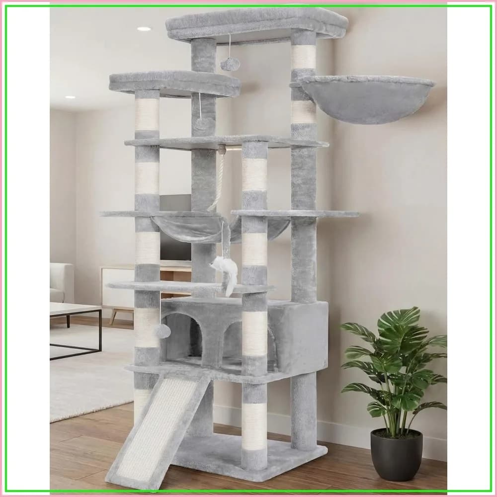 78" Multi-Level Cat Tree, 2 Widened Plush Perches, Scratching Board, Big Caves, Light Gray