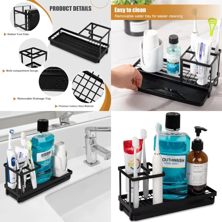 Portaspazzolini per Bagno, Supporto in Acciaio al Carbonio per Spazzolini Elettrici e Organizzatore per Dentifricio, Accessori Bagno