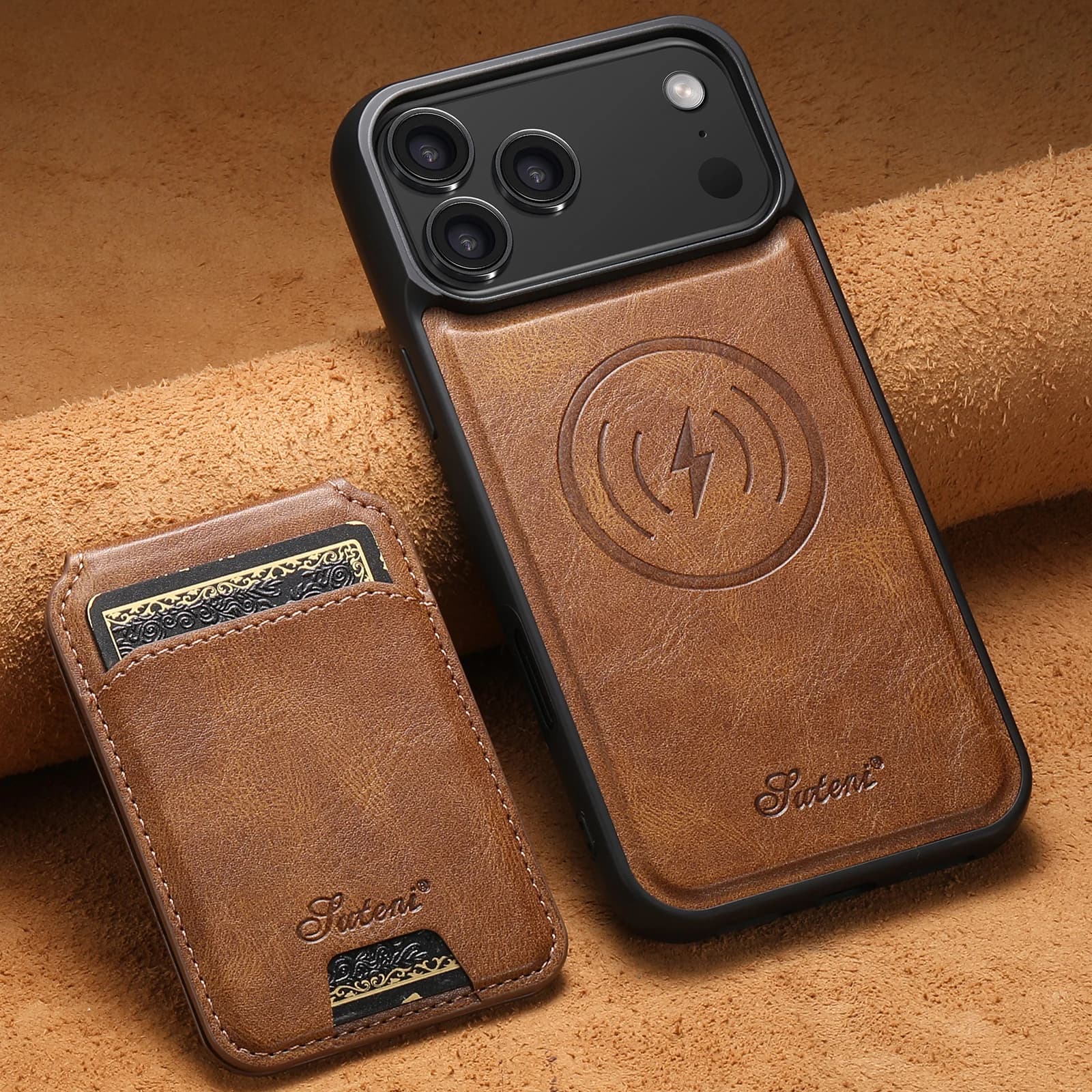 SUTENI Phone Case with magnetic frame in eco-leather with wireless charging for iPhone 17 Pro Max 16 Plus 15 14 13