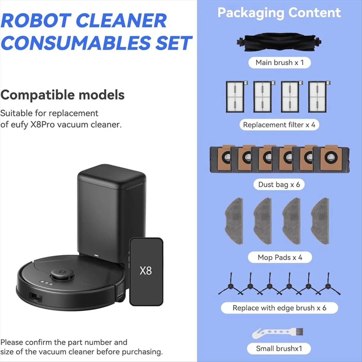 Kit di Ricambi A88M da 22 Pezzi per Robot Aspirapolvere Eufy Serie X8 Pro - Accessori X8 Pro, Spazzole Principali