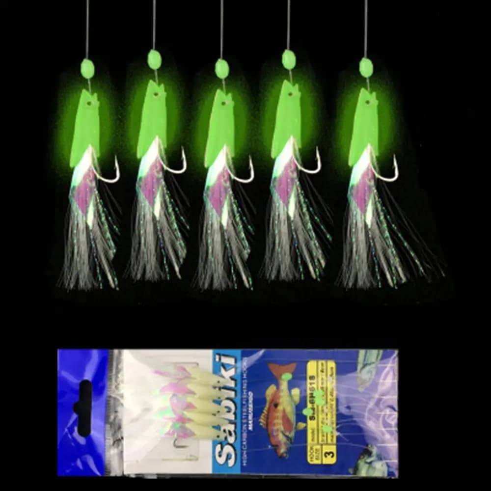 5 pz pesca Sabiki Samodur Rigs esche luminoso giappone luminoso giappone Glow Bead Feather Fish Skin String ganci acqua salata