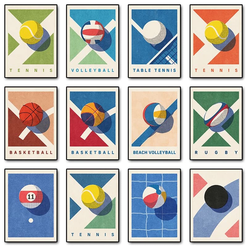 Poster e Stampe Illustrative di Pallacanestro, Tennis e Pallavolo, Arte Murale con Pittura a Diamante per Decorazione Casa e Stanze