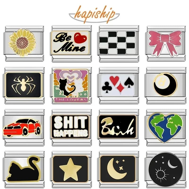 Charm Italiano 2024 alla Moda con Motivi Ragno, Stella, Luna, Amore e Gufo, Compatibile con Bracciali da 9mm, Gioielli in Acciaio Inossidabile DJ003-346