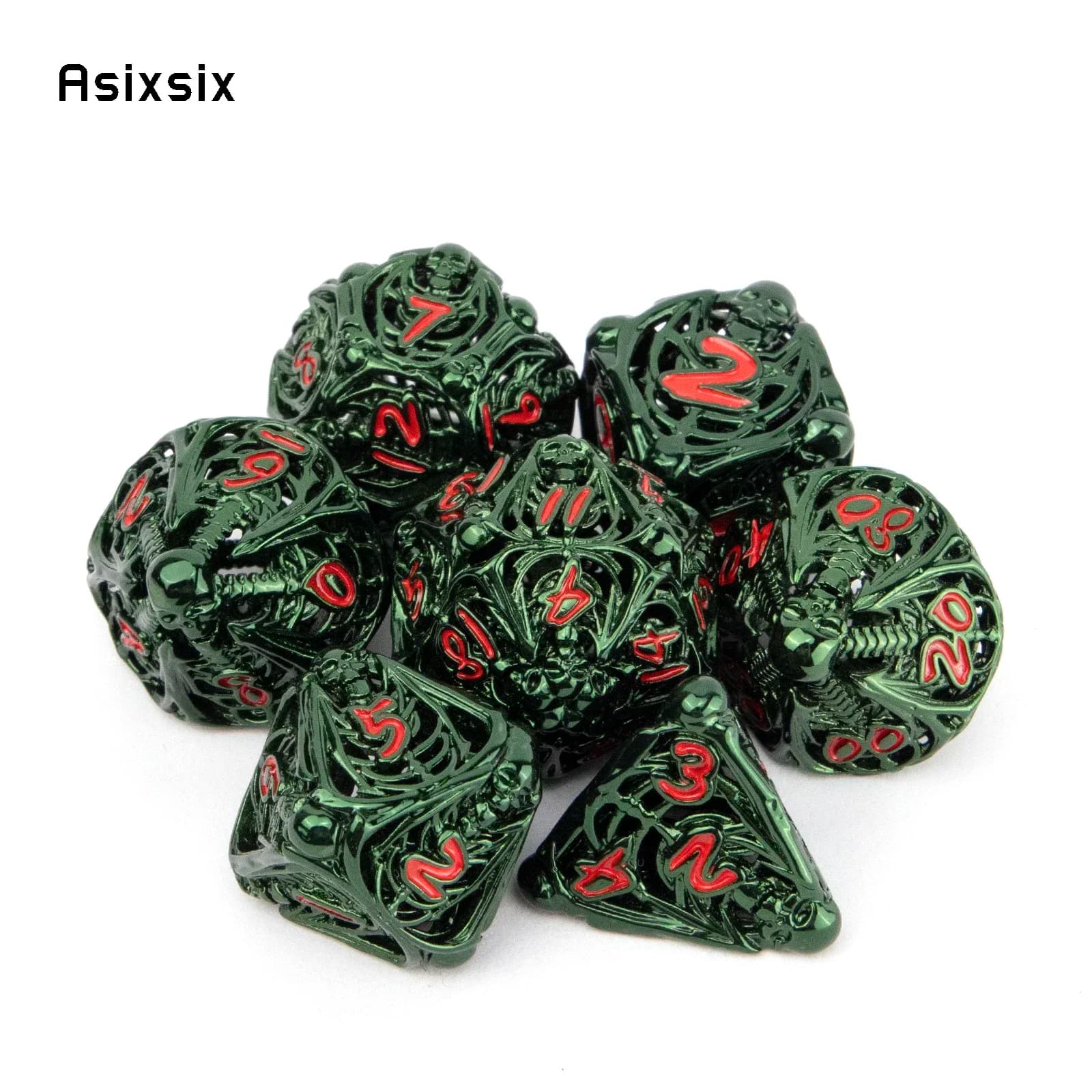 Set di 7 Dadi Metallici a Forma di Teschio Verde e Rosso, Dadi Poliedrici in Metallo Cavo, Adatti per Giochi di Ruolo RPG e Giochi da Tavolo, Idea Regalo