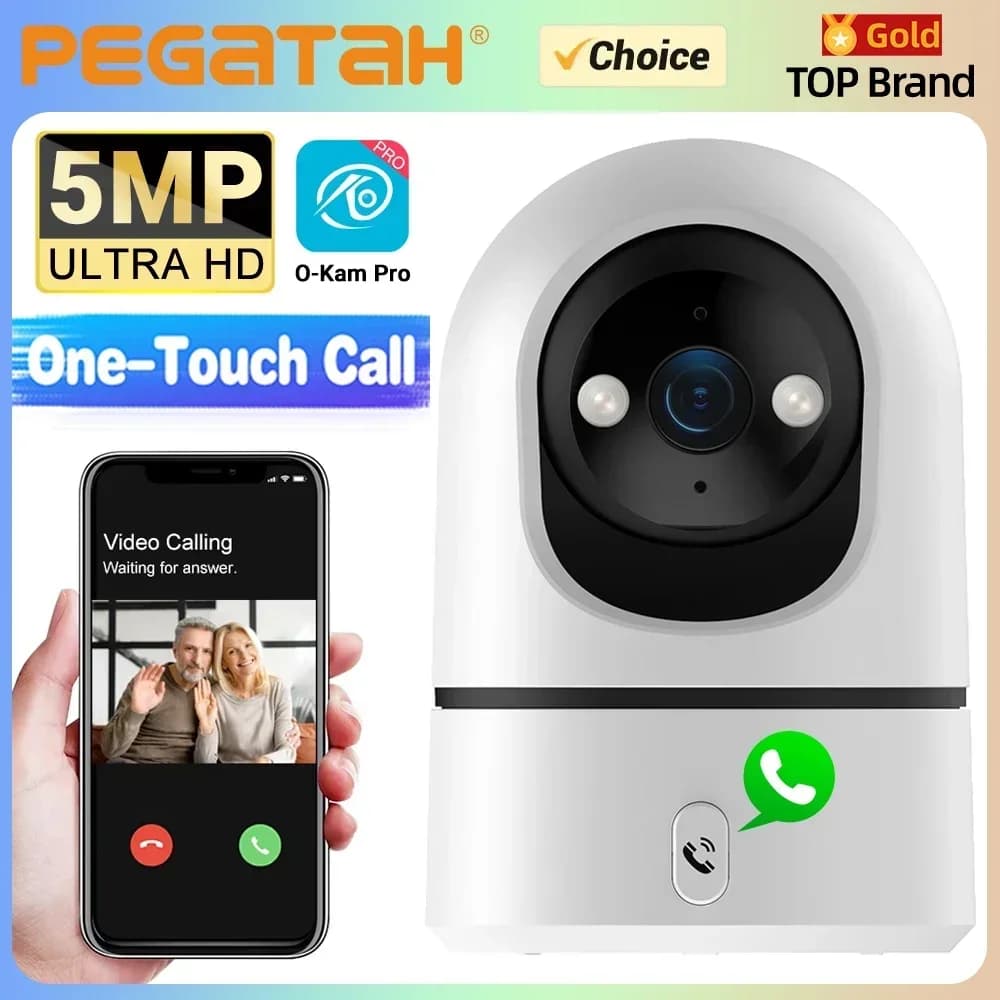 Telecamera di Sorveglianza IP CCTV PEGATAH 5MP con Chiamata One-Touch, Monitor per Bambini da Interno, WiFi, PTZ, Tracciamento Automatico, Visione Notturna a Colori