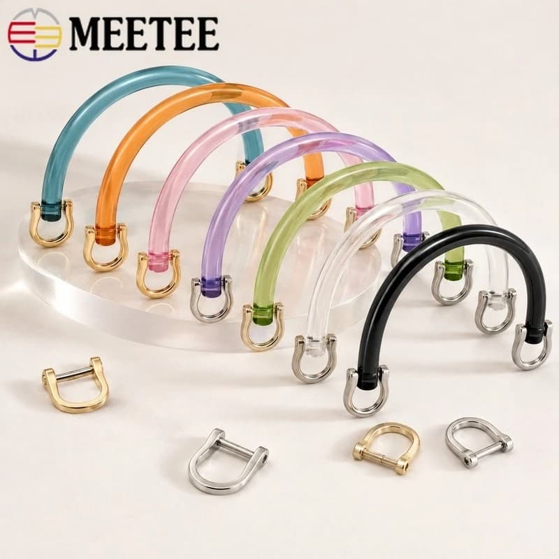 2Sets 12cm Acrylic D Shape Bag Handle with Metal Buckles Transparent Resin Wristband Handbag Ring Frame Replacement Part Set