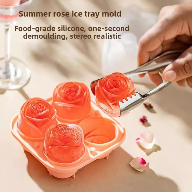 Stampi per ghiaccio a forma di rosa 3D, vassoio per cubetti di ghiaccio a 4 fori, stampo in silicone a forma di fiore, stampo per palline di ghiaccio, utensili da cucina e bar, accessori.