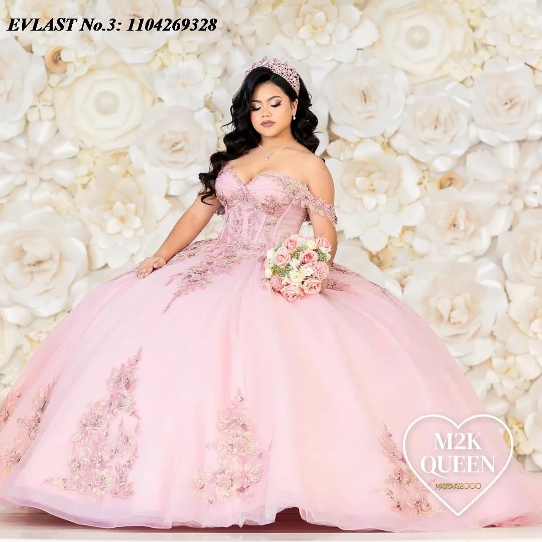 EVLAST Personalizzato Messicano Rosa Abito Quinceanera Abito di Sfera Glitter Applique Perline Corsetto Dolce 16 Abiti Da 15 Anos E3Q24