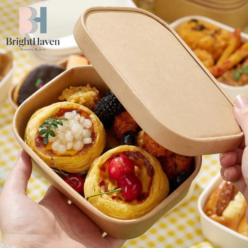 10Pcs Square Disposable Lunch Box Biodegradable Paper Food Container Kraft Paper Lunch Box Leak Proof With Lid Food Packing Box