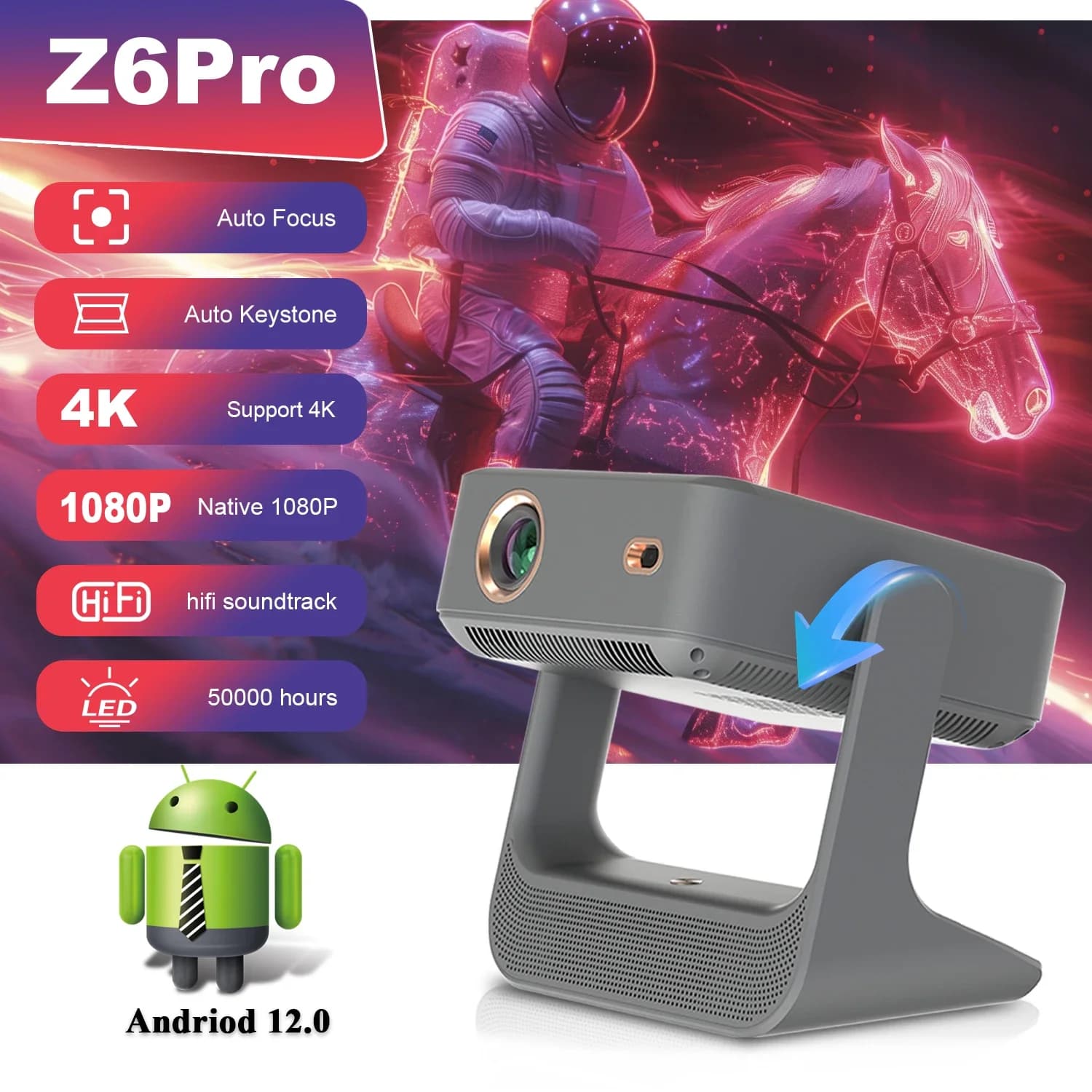proiettore 4k Gaming – Doppio schermo, Touch Control, Portatile, Ready Karaoke, HDMI/USB, BT/WiFi, Home Theater e Party Essentia