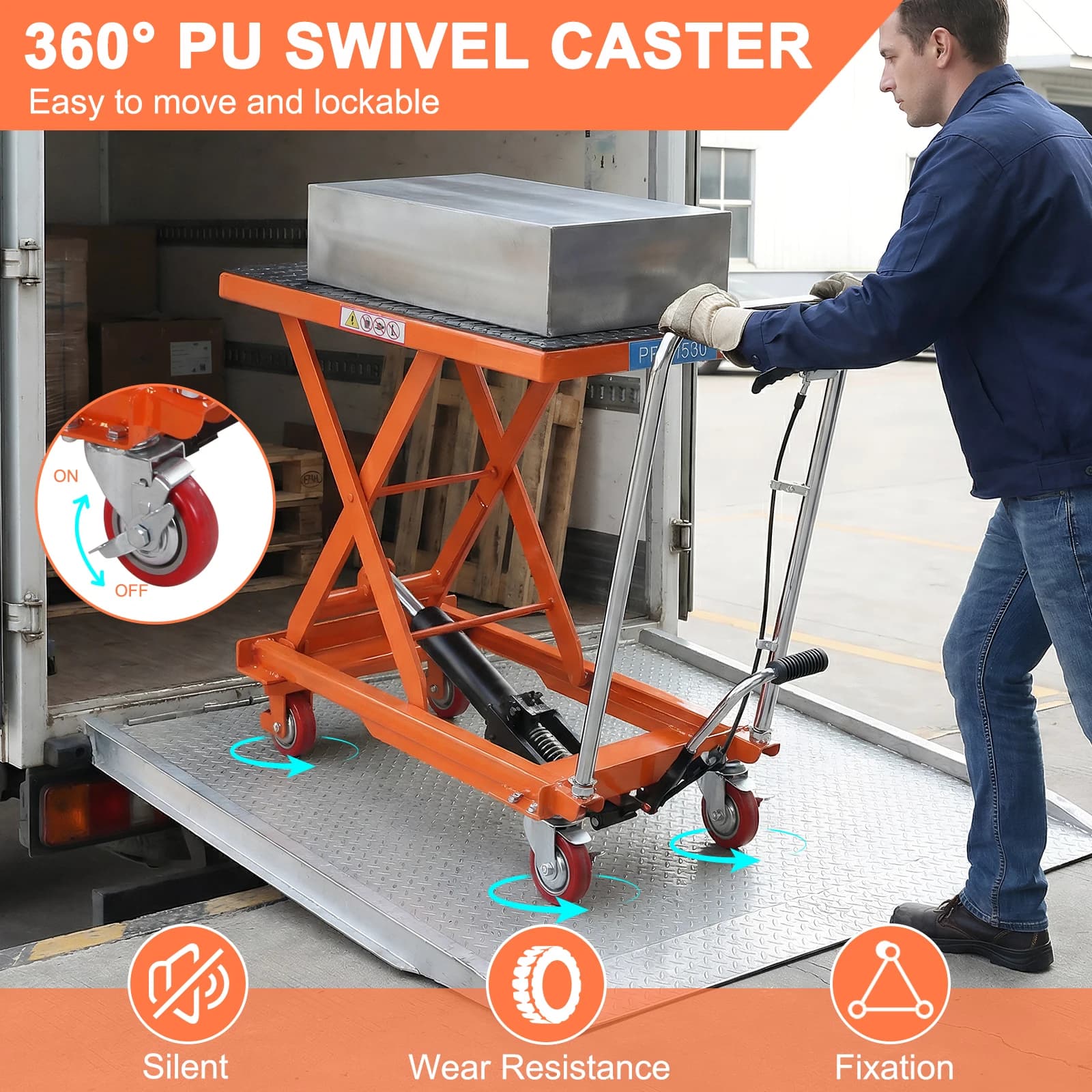 Carrello Idraulico da Tavolo con Capacità di 150 kg, Piattaforma di Sollevamento Idraulica con Tappetino Antiscivolo e 4 Ruote per Movimentazione e Trasporto Materiali