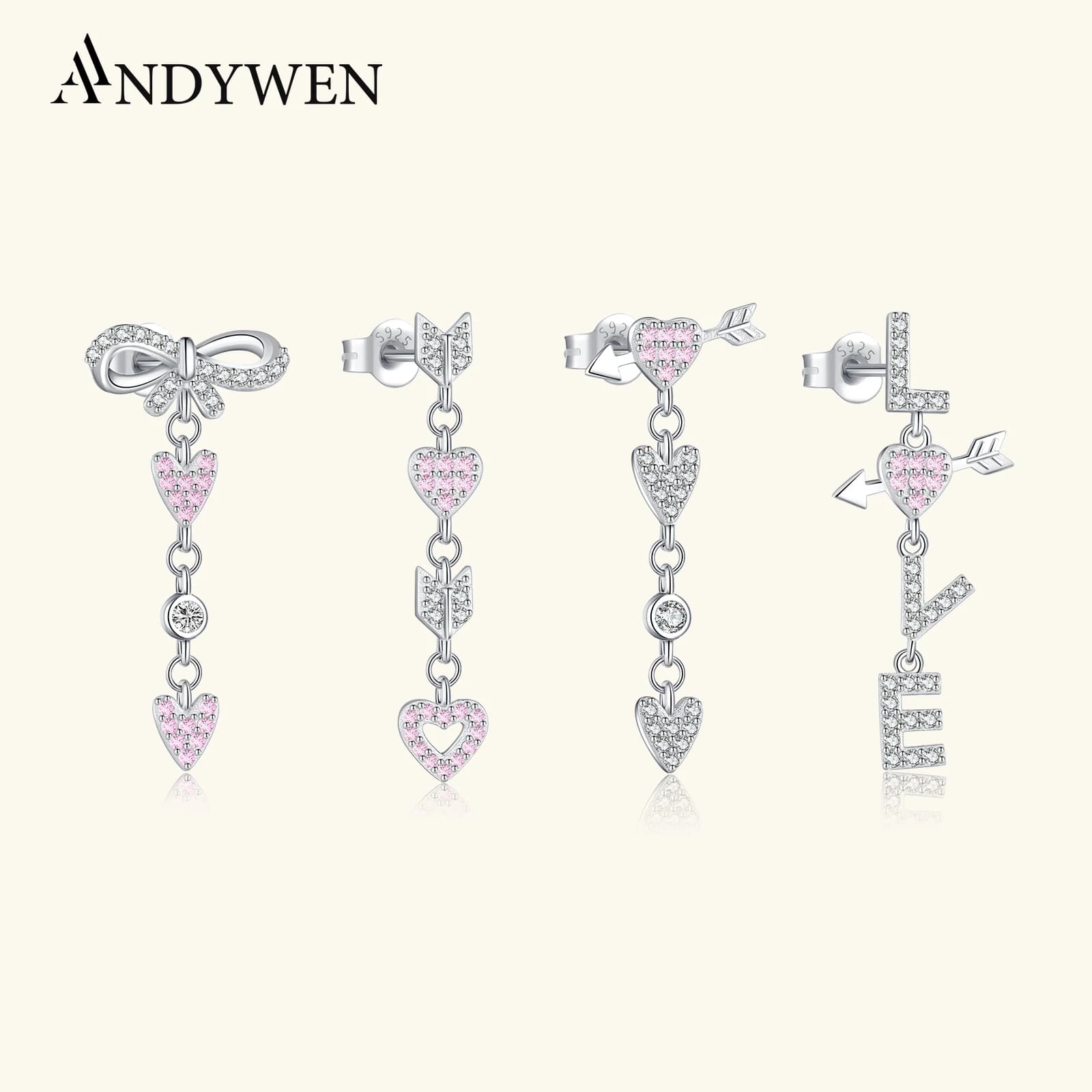 ANDYWEN 925 Sterling Silver Orecchino a goccia Cuore Fiocco Amore con Rosa CZ Zircone Donne Dolce 2025 Gioielli Regalo per San Valentino
