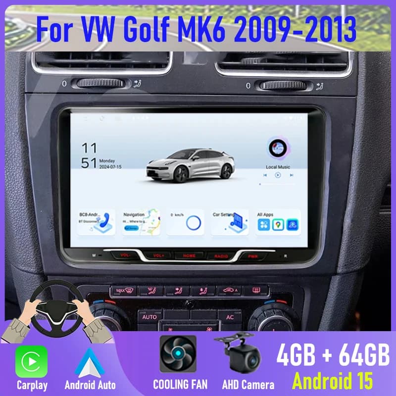 Autoradio 9'' per VW Golf MK6 2009-2013 con Carplay Wireless, Apple Android13, Sistema Intelligente Auto, Lettore Multimediale BT