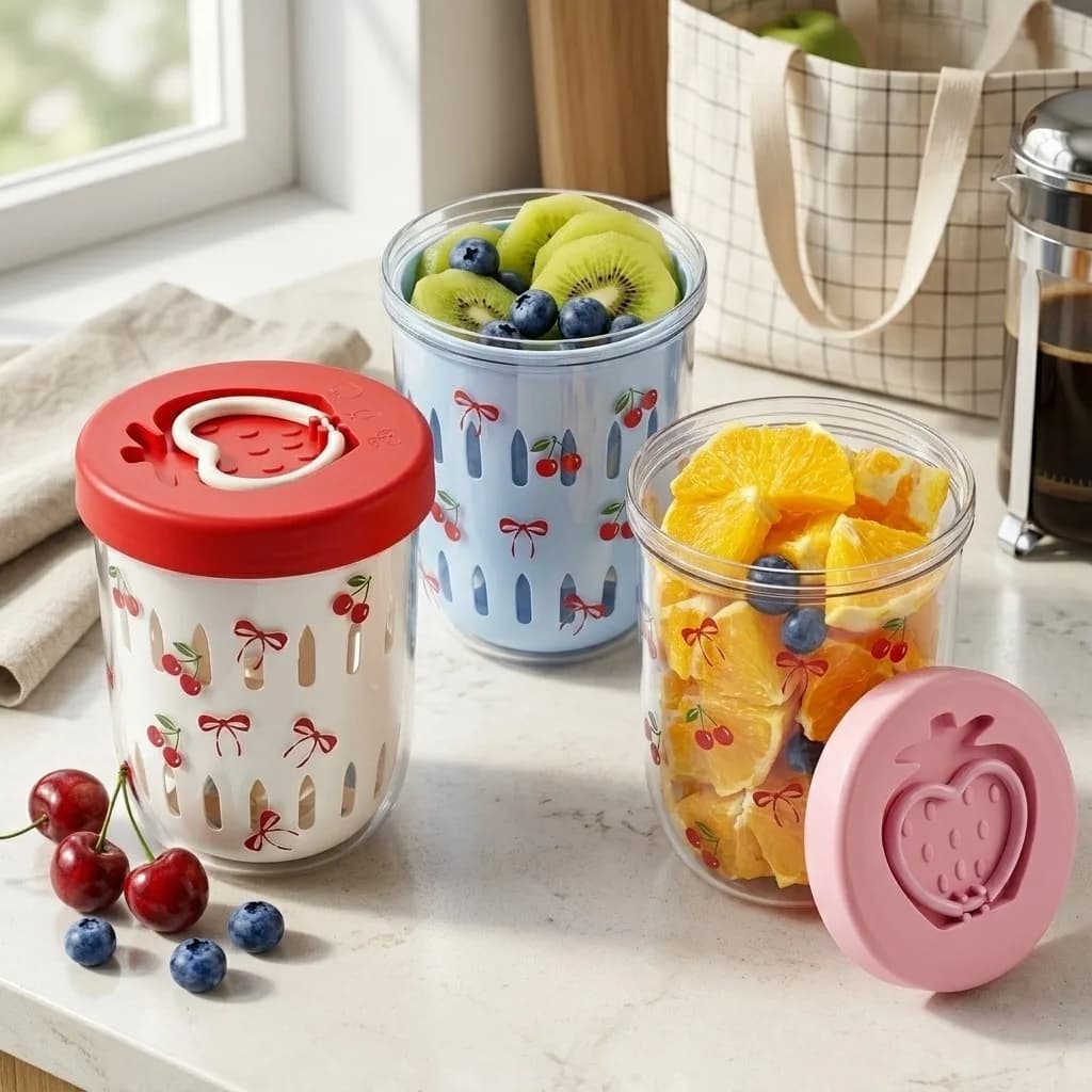 Plastic Salad Container with Lid Strainer Bento Lunch Box Food Storage Kids School Meal Prep Fruit Yogurt Cup with Fork