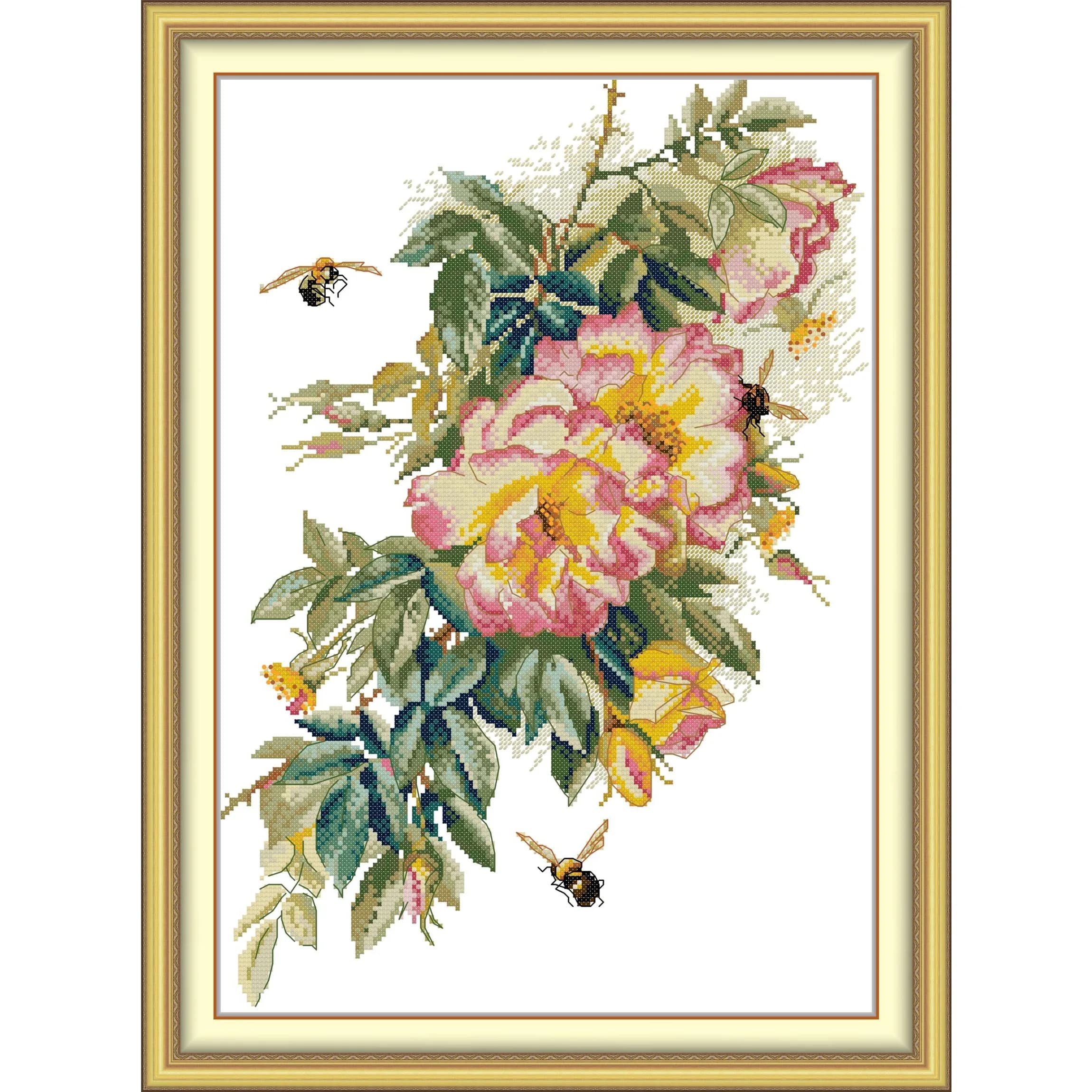 News Pre-Printed Cross Stitch Kit, Stamped Aida Fabric With DMC Threads, Embroidery Kit - Bees And Roses