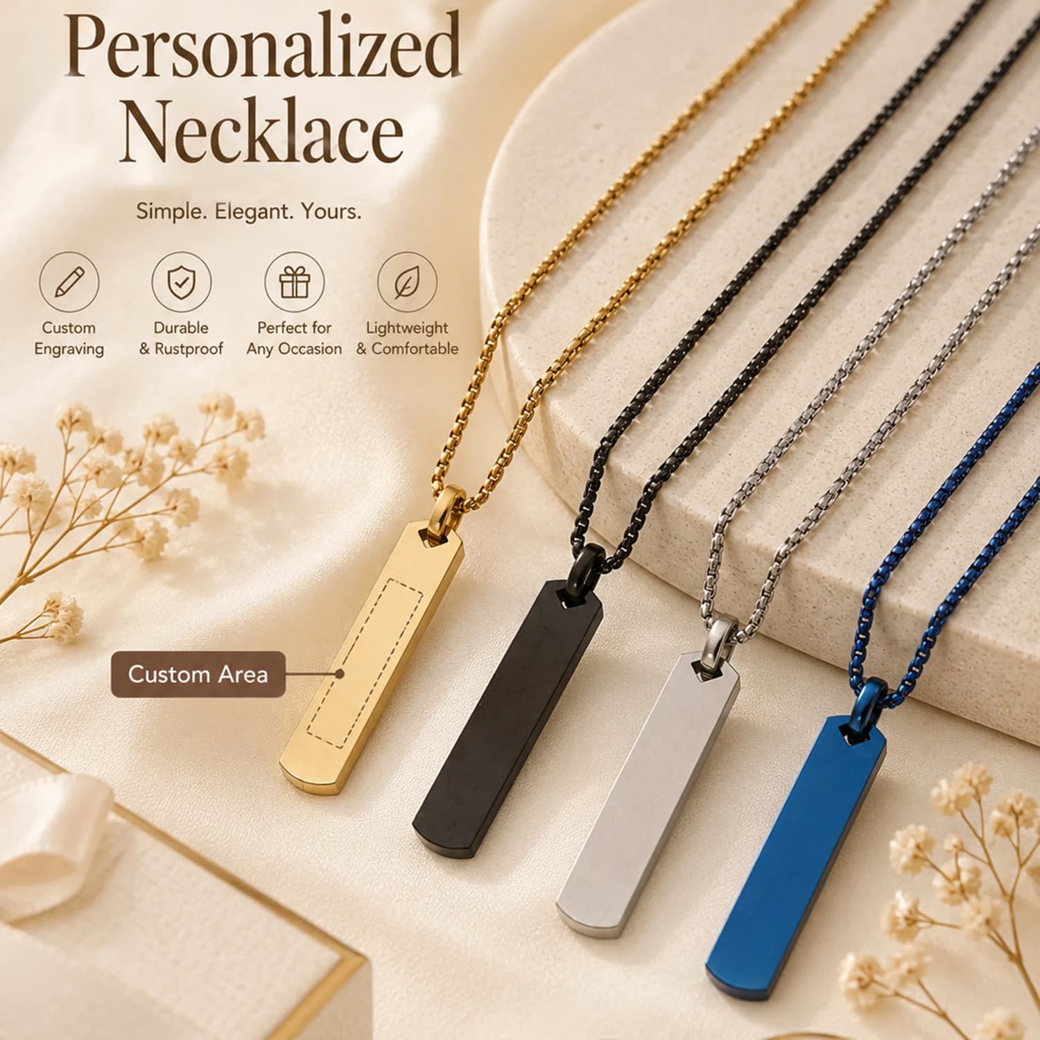 Custom Long Bar Pendant Necklace, Personalized Laser Engraved Name, Unisex Diy Jewelry Anniversary Gift, Custom Name Necklace