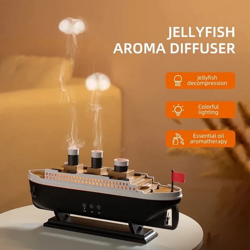 Diffusore di Aromi a Forma di Nave con Anello di Fumo Simulato, Alimentato a Presa, Luce Ambientale a Colori Variabili con Telecomando per Interni e Sonno