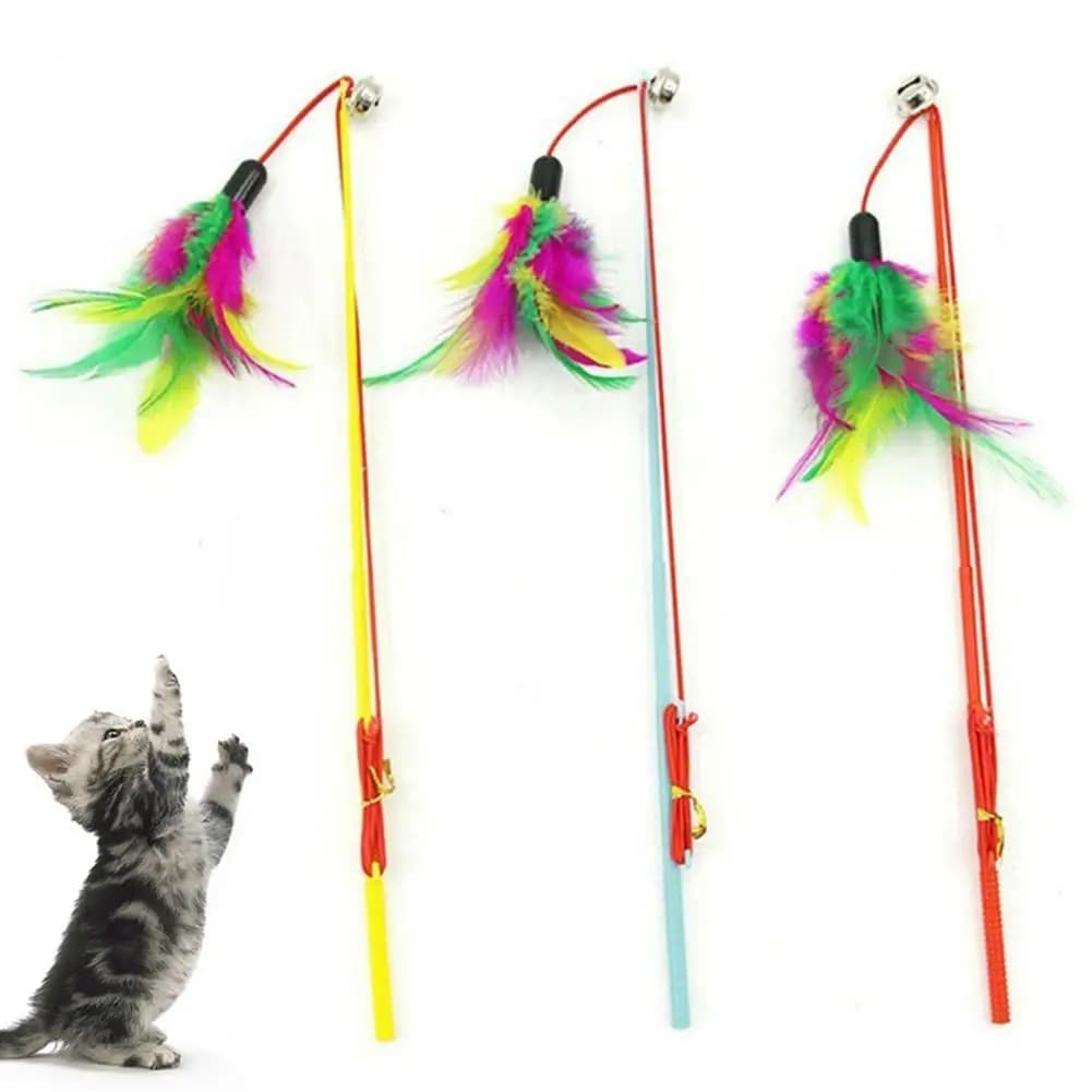Simpatici giocattoli per gatti Bastoncini per gatti con campanelle di piume multicolori divertenti interattivi per animali domestici