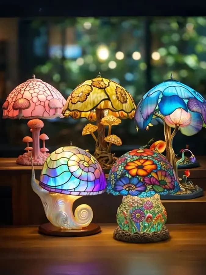 Flower and Mushroom Night Light, Resin Carved Atmosphere Lamp, Led Table Lamp, Home Decoration Gift for Bedroom and Living Room