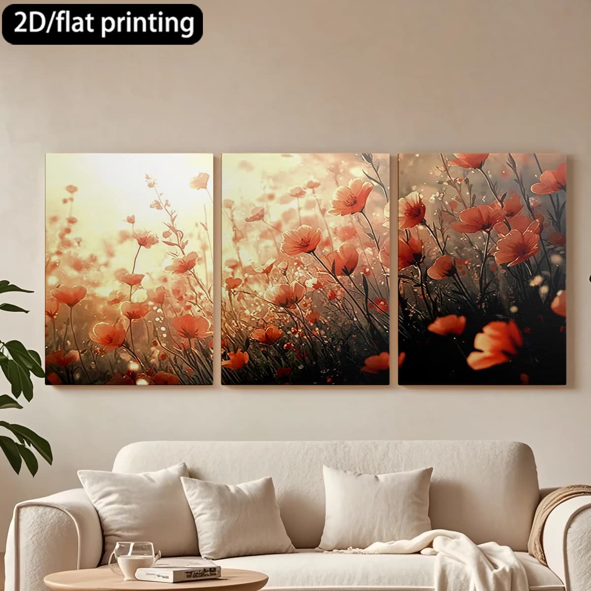 Decorative painting on canvas with wooden frame, 3 pieces. Orange flower field, hot sunlight. Hall decoration, living room.