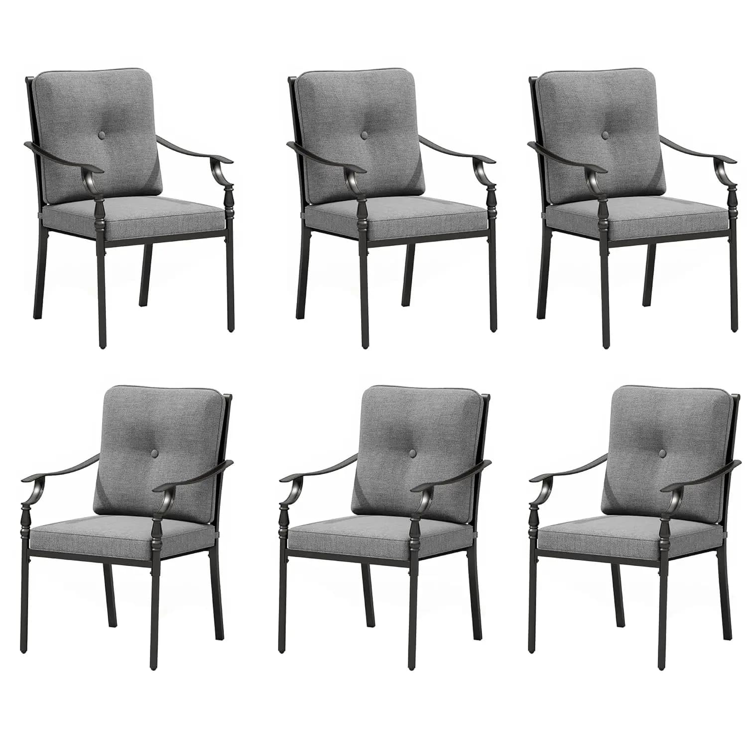 Outdoor Steel Dining Chairs Set of 6, Heavy-Duty Rustproof Black Wrought Iron Armchairs with Cushions, Large, Customized