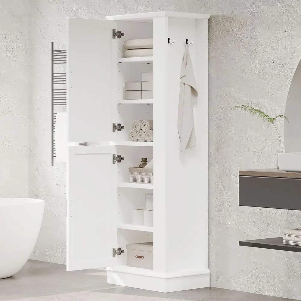 Mobiletto da Bagno Bianco a Doppia Anta con Ganci e Porta Scopa, Ripiani Regolabili, Apertura Anta Destra o Sinistra