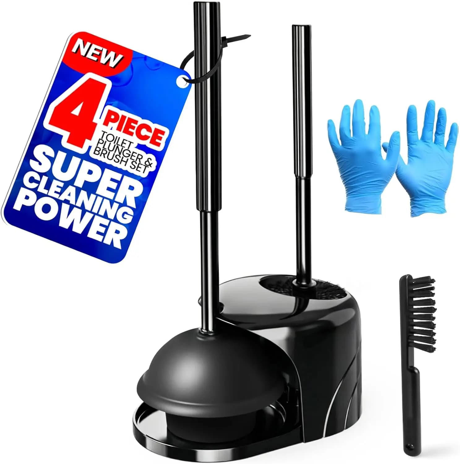 Set di 4 Pezzi con Spazzola per WC e Sturalavandini con Manico Allungato, Strumenti per la Pulizia del Bagno in Nero (20 pollici)