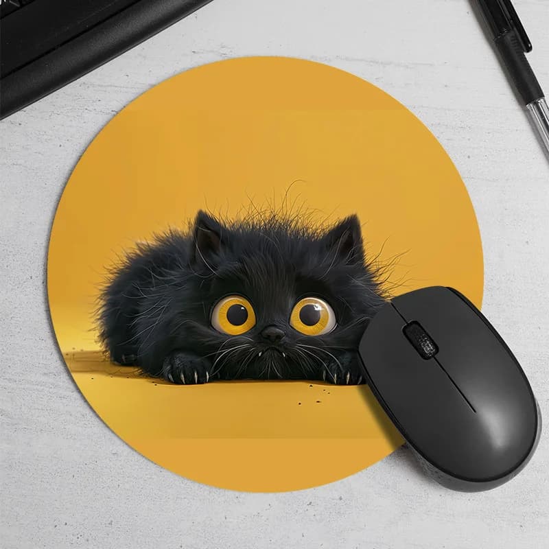 Nice round mouse mat with black cat, non-slip rubber mat for office games, home or office players, adorable desk mats for cartoons