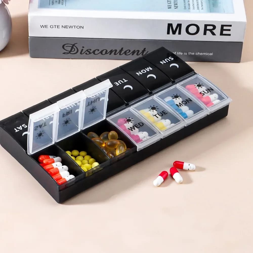 Large Weekly Wallet with 14 AM PM Parts, Without BPA, for Travel, Organizer for Medicines, Tablets, Vitamins, Supplements, Fish Oil