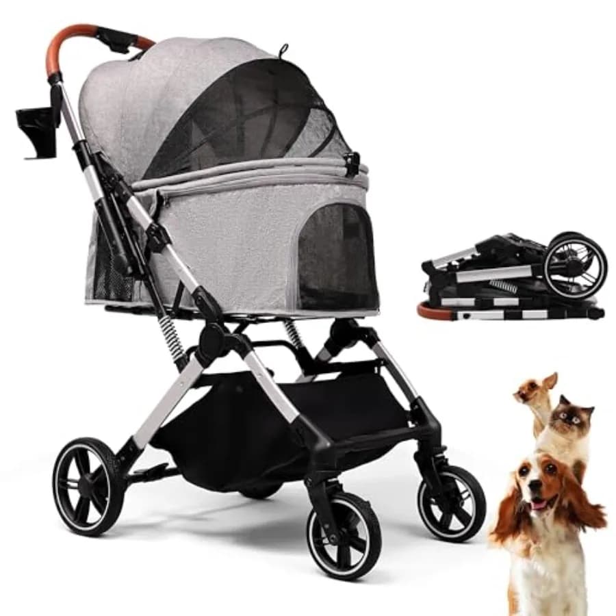 Passeggino per animali domestici per cani e gatti di taglia piccola/media fino a 20 kg, design da viaggio leggero e pieghevole, sistema a 4 ruote per tutti i terreni