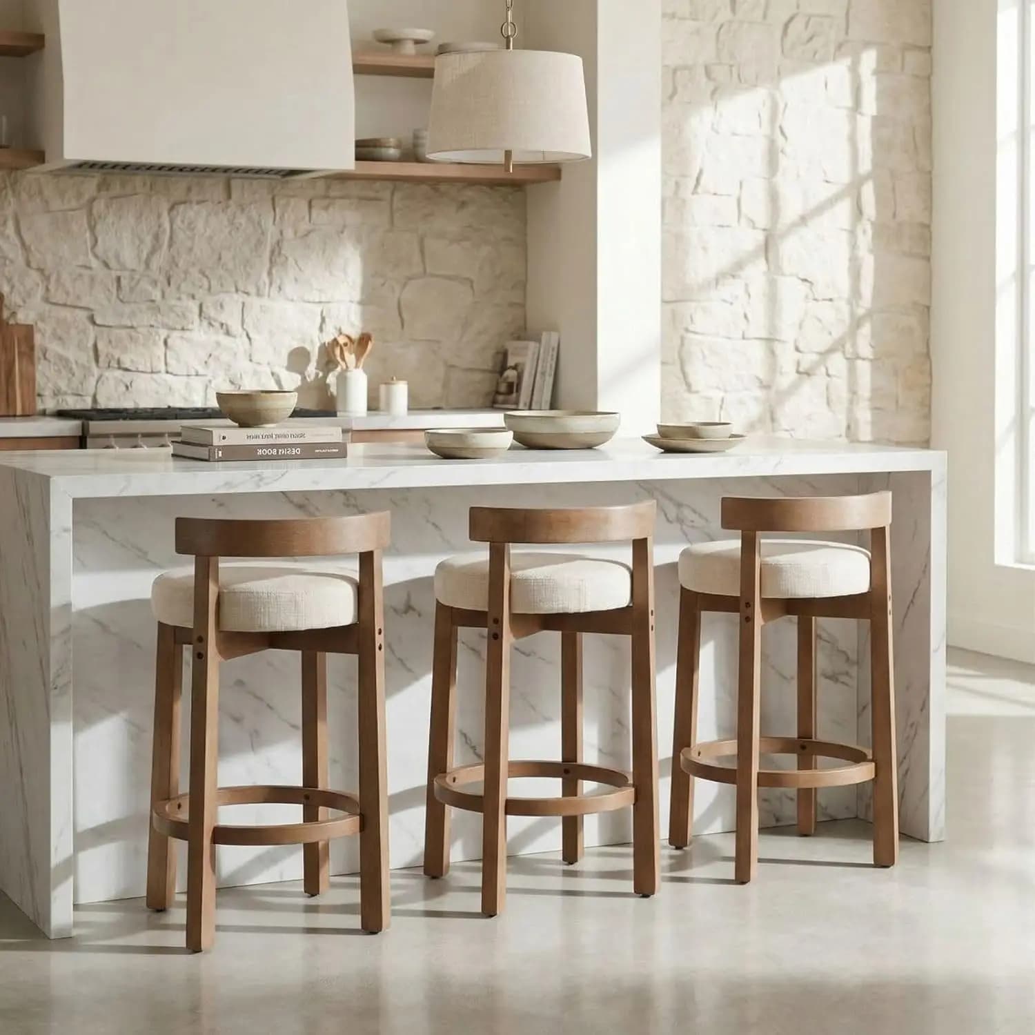 Sgabello da bancone in lino stile Mid-Century, 26,5 pollici, con gambe in legno, schienale basso rotondo, poggiapiedi per cucina e sala da pranzo, personalizzabile