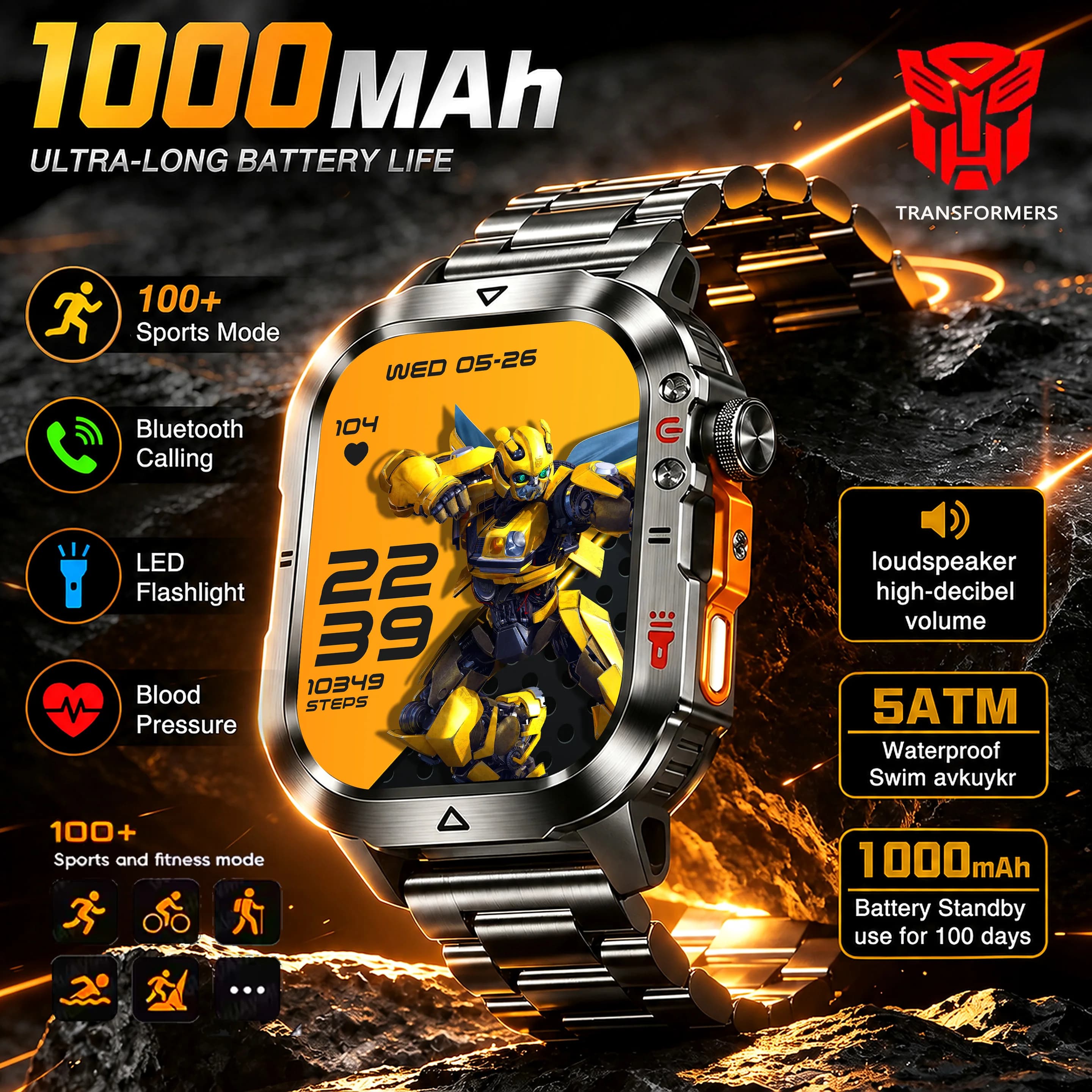 New Bumblebee Military Smart Watch 1000mAh Bluetooth Call LED Flashlight BP Monitor 100+Sports 5ATM Waterproof For iOS Android