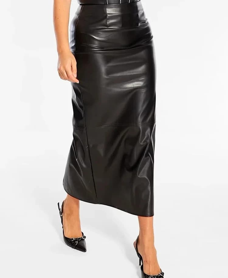 Gonna midi da donna taglie forti in similpelle opaca, a vita alta, elasticizzata, dritta, con spacco sull'orlo, elegante, personalizzabile