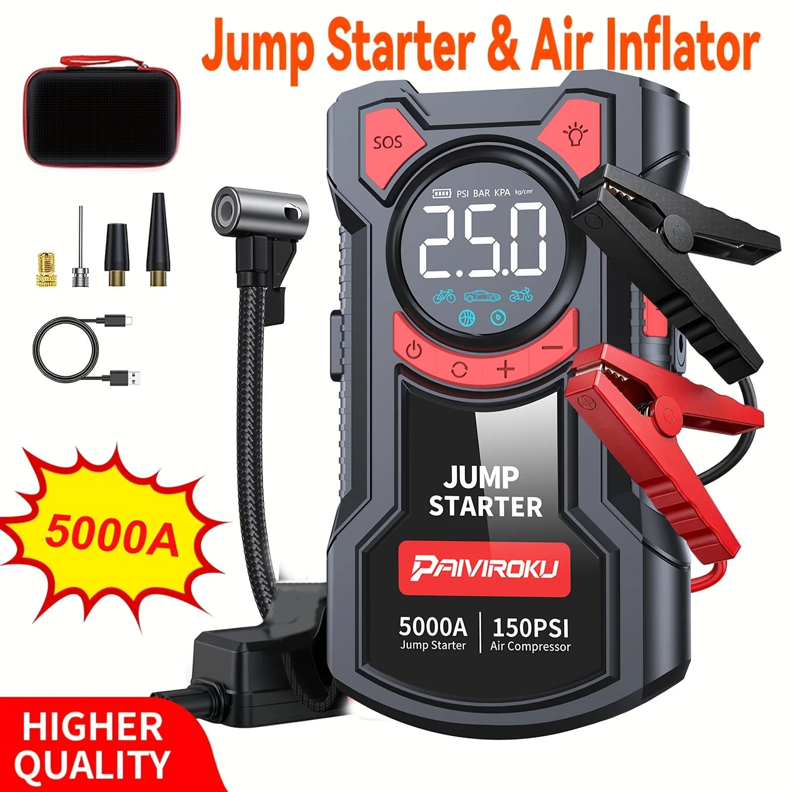 Avviatore di Emergenza con Compressore d'Aria, Compressore d'Aria per Auto 150 PSI e Avviatore di Emergenza per Auto 5000A con Luce LED, Funzione Power Bank