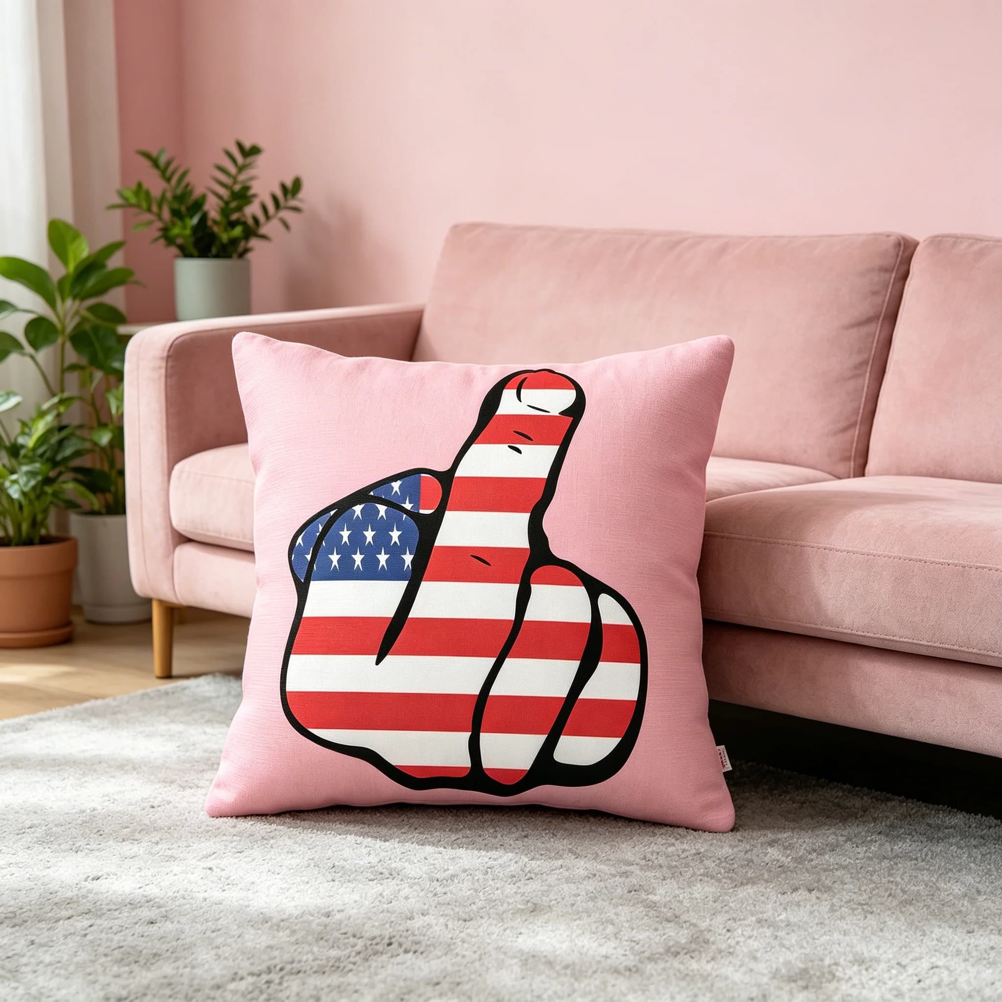 Divertente Federa per Cuscino con Bandiera Americana e Dito Medio, Copricuscino Rosa per Divano e Soggiorno