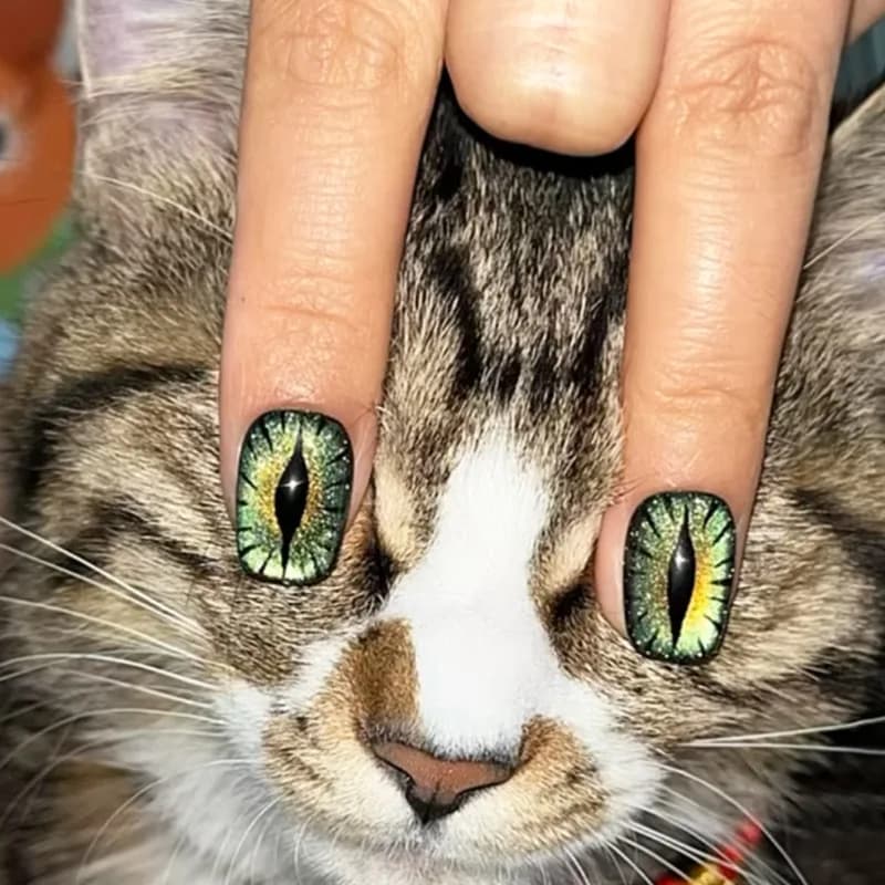Unghie finte corte per donna, effetto occhi di gatto, lucide, punte quadrate, copertura completa, ABS, kit di unghie finte artificiali.